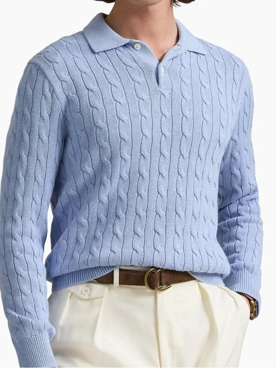 Ralph Lauren Light Blue Cable-Knit Polo Sweater 100% Cotton - Picture 1 of 5